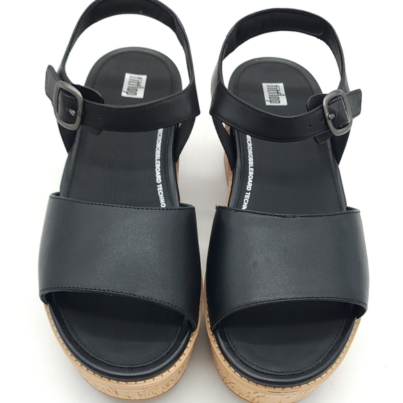 FitFlop Eloise Wedge Sandals Women's Black Leather Cork-Wrap Back-Strap Size 10 - Picture 5 of 9